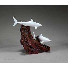 Mako Shark Duo Sculpture by John Perry Pellucida 6in Long on Polished burlwood Base. Signed