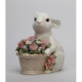 Cosmos Gifts Fine Porcelain Spring Easter Bunny Rabbit with Flower Basket Figurine, 8-1/2"