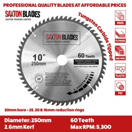 Saxton TCT Circular Wood Saw Blade 250mm x 30mm x 60T for Bosch, Makita etc fits 255mm saws