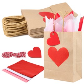TaoQ C 24 Pack Valentines Day Gift Bags with Tissue and Tags Valentines Kraft Paper Bags Valentines Candy Bags with Handles for Valentine's Day Wedding Anniversary Birthday