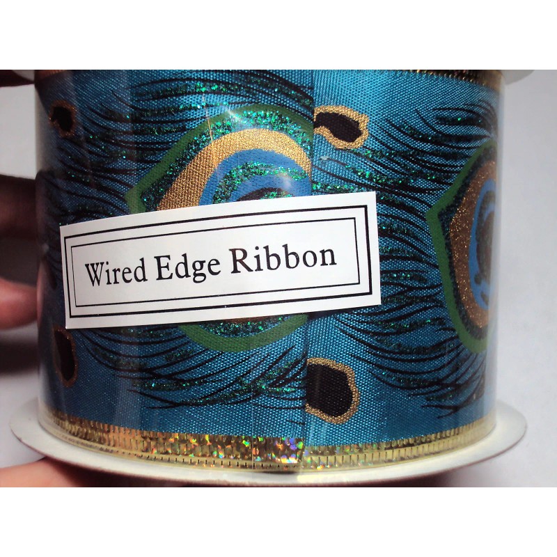 (2) Christmas Wired Ribbon Peacock Feathers Blue Gold Glitter 30