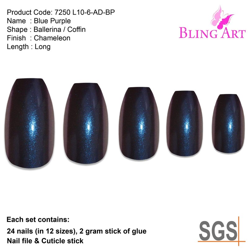 Bling Art False Nails Blue Purple Chameleon Ballerina Coffin 24