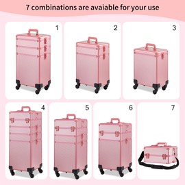 GALHUBIS Rolling Makeup Case, Makeup Train Case with Lid, 5 in 1 Cosmetology Case on Wheels, Christmas Gift, Large Makeup Case Organizers, Profesional Cosmetic Case for Salon Barber, Pink