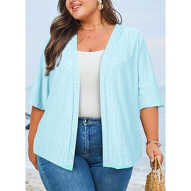 Eytino Women Plus Size Summer Cardigan Half Sleeve Knitted Jacquard Casual Loose Blouse Tops,2X Sky Blue
