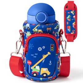 Water Bottle Carrier Bag with Strap for Kids - Car Water Bottle Bag Holder with Padded Strap Pocket 10/12/14/16/18Oz Neoprene Insulated Bottle Bag for Boys Girls School Walking Hiking Camping