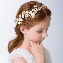 IYOU Princess Bridal Headdress Pearl Hair Dress Tiara Leaves Holy Communion Hair Vine for Flower Girl and Bridesmaid