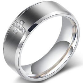 SYDNFZY Mens Wedding Band Ring - 8mm Stainless Steel Engagement Promise Rings for Men Women, Cross Classic Ring with Cubic Zirconia for Men Jewelry Gift Ring Size 6 7 8 9 10 11 (Silver, 8)