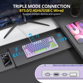 surmen M75 75% Wireless Creamy Keyboard with Gasket, Pre-lubed Triple Mode Bluetooth Mechanical Gaming Keyboard BT5.0/2.4Ghz/USB with Sound Absorbing Pads Hot-Swap(Lavender)