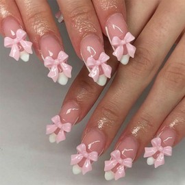 Light Pink French Tip Press on Nails Short Pointy Fake Nails Glossy Almond Nails White French Pink Bow False Nails Full Cover Stick on Nails Acrylic Artificial Nails for Women Nail Decorations 24Pcs