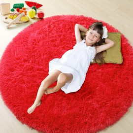 ONASAR Red Round Area Rug 4x4, Soft Bedroom Circle Rugs Floor Mat for Kids Girls Teen Room, Kawaii Fluffy Plush Shaggy Carpet for Baby Nursery Living Room Playroom Home Decor Princess Castle