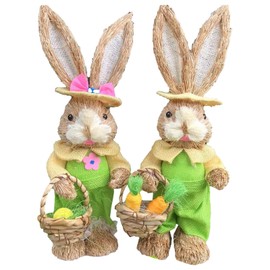 Straw Bunny Couple Cute Vintage Rabbit Ornament Handmade Straw Rabbit Figurine for Home Stage Store Decoration