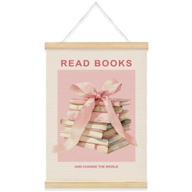 QROZIAR Coquette Pink Bow Read Books Wall Decor for Classroom,Preppy Watercolor Pink Room Nursery Decor Framed with Wood Hanger,Reading Posters Hanging Wall Decorations for Reading Nook Book Club Library 12x16 Inch