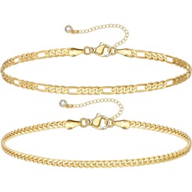 KissYan Gold Layered Ankle Bracelets for Women, Dainty 14K Gold Plated Layering Anklets Set Adjustable Trendy Cuban Link Snake Tennis Figaro Chain Ankles Summer Beach Foot Jewelry Gifts for Women