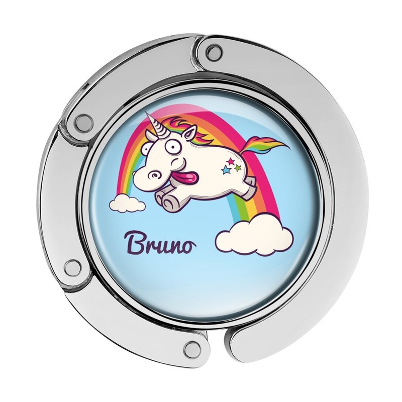 Taschenhalter Verrücktes Einhorn Personalisiert mit Namen Bruno printplanet Chrom