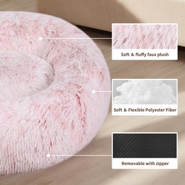 Round Calming Dog & Cat Bed, Anti-Anxiety Donut Cuddler Warming Cozy Soft Round Bed, Fluffy Faux Fur Plush Cushion Bed, Washable Soft Warm Pet Bed with Non-Slip Bottom (Plum red, S(25*25*8in))