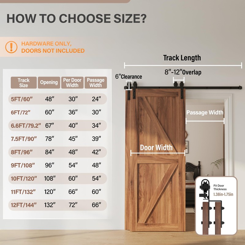 WINSOON 8FT Single Track Bypass Barn Door Hardware Double Doors