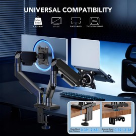 Dual Monitor Stand, Adjustable Monitor Desk Mount for 17″–32″ Computer Screens, Full Motion VESA 75x75/100x100 with C-Clamp & Grommet Aluminum Base, Each Arm Holds 4.4 to 20 lbs AX09DB201