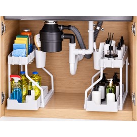 Pull-Out Cabinet Organizer for Kitchen and Bathroom Storage – Black and White Space-Saving Shelves for Under-Sink Organization