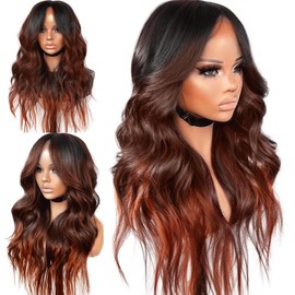 YUPEWG Synthetic Lace Front Wig Pre Plucked Ready to Wear 13x4x1 HD Ombre Auburn Natural Wavy Wig for Women Middle Part Glueless Wig