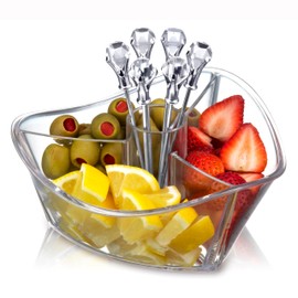 Prodyne Happy Hour Clear 3 Section Tray with Clear Diamond Head Cocktail Picks (Set of 6) Garnish Server