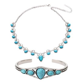 CWPFVQA 1 Vintage Necklace and 1 Vintage Bracelet Fashion Jewelry Boho Jewelry Adjustable Bracelet Fashion Jewelry Blue Jewelry, One size, Zinc Alloy, Turquoise