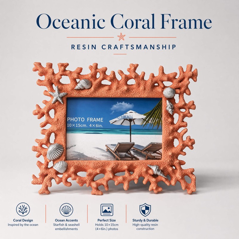 4x6 Coral Shell Picture Frame, Orange Resin Beach Decor