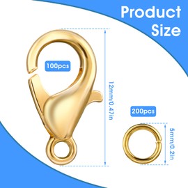 Grevosea 100pcs Curved Lobster Clasps, Alloy Lobster Clasp with 200 Open Jump Rings Gold Zinc Alloy Lobster Clasps Bracelet Clasps Necklace Clasps for Jewelry Making Accessory 7x12mm