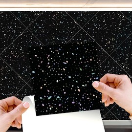 WALPLUS Pack of 24 15 x 15 cm Terrazzo Holographic Glitter Black Aluminium Foil Wall Tiles Stickers Peel and Stick Backsplash Decals Home Decor Backstand for Kitchen