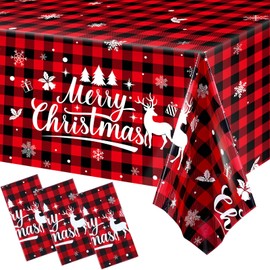 Merry Christmas Buffalo Plaid Table Covers Snowflake Tablecloth Plastic Gingham Table Cover Disposable Xmas Table Cloth for Picnic, Camping, Holiday Table Decor, 108 x 54 Inch (Red and Black, 3 Pack)