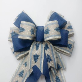 Handmade Blue Christmas Trees on Beige with Navy Christmas Bow