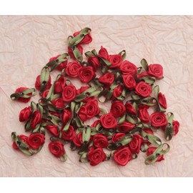 Ruwado 50 Pcs Satin Roses with Green Leaves Mini Cute Ribbon Bows Fabric Artificial Flower Supplies Ornament Applique for DIY Crafting Sewing Wrapping Wedding Decoration (Red)