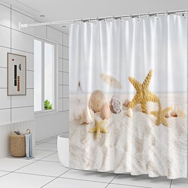 Ocean Beach Shower Curtains Set Starfish Shell Summer Seaside Landscape Pattern Bathroom Decor Polyester Fabric Bath Accessories Curtain 70 x 70 Inch with Hooks