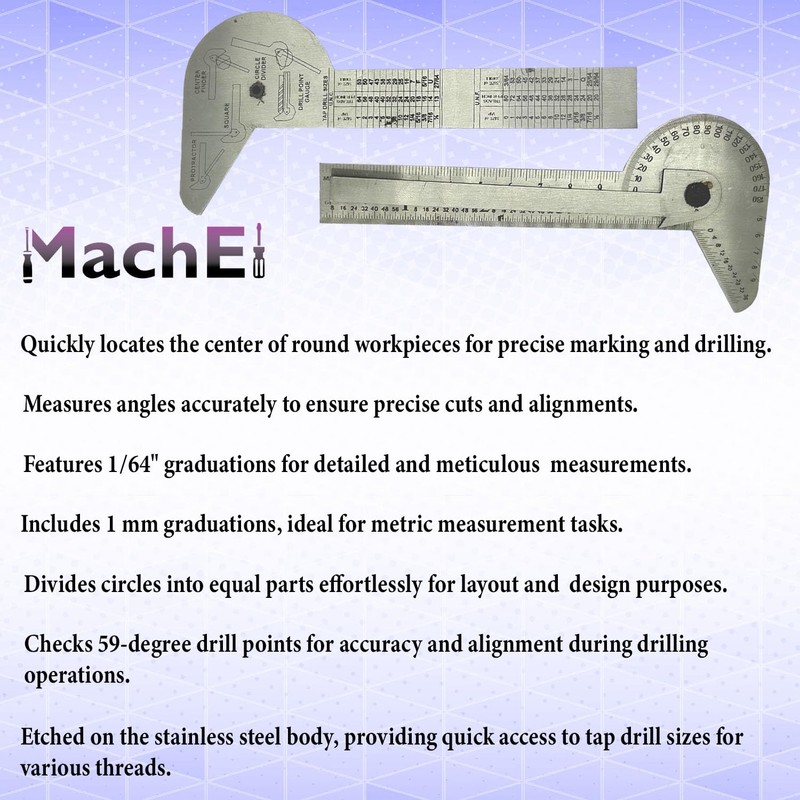 MachEl Multi-Purpose Protractor Square Rule Centre Finder Divider Drill Point