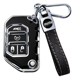 Montague Key Fob Cover for Jeep with Keychain, Premium TPU Key Case Compatible with Jeep Wrangler JL JLU Gladiator JT Rubicon Sahara Remote Smart Car Flip Key Protector（4 Buttons Black）