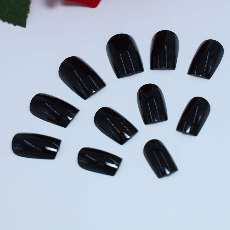 TseenYi Artificial Nails Pure Black Long Square Head False Nails