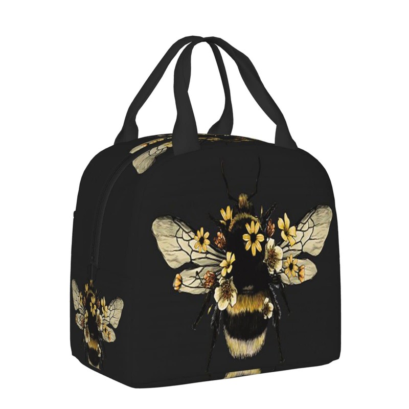 JIMOWANG Bee Black Portable Lunch Bag Compact Tote Bag Reusable