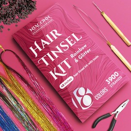 NIACONN Glitter Hair Tinsel Extensions Kit 18 Colors with Tools and Beads, 48 Inch Sparkly Fairy Colorful Tensile Strands Shiny Hair Accessories for Women Girls Kids