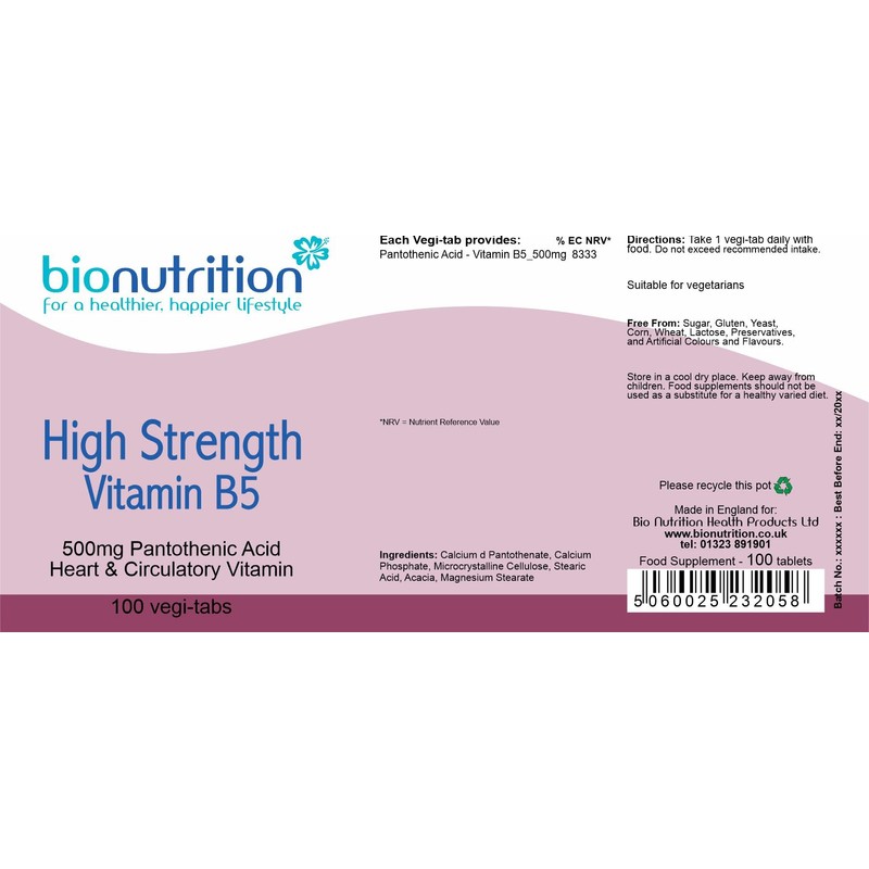 Bio Nutrition High Strength Vitamin B5 500mg : Healthy Heart