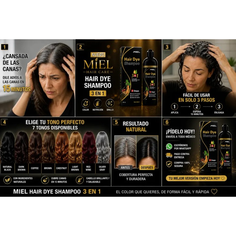 Miel® Shampoo Con Tinte Cubre Canas Natural Jengibre 500ml