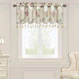 Loom and Mill - Cenefas de lujo estilo europeo para sala de estar, ventana de cocina, cortina floral jacquard con borlas, cortina corta con bolsillo para barra, 1 panel (beige, 54 x 18 pulgadas)