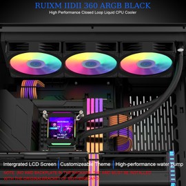RUIXMIIDII AIO CPU Liquid Cooler with 2.8in IPS LCD Screen Display, 320 * 320 Resolution, 360mm AIO Cooler ARGB PWM Fans, CPU Water Cooler for AM5/AM4, Intel LGA 1851/1700/2066/1200/115X/2011, Black