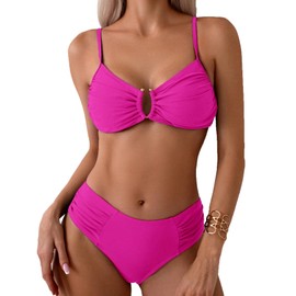 Limeeke Women's Ruched Bikini Sets Mid Waist Two Piece Swimsuit Adjustable Straps Bathing Suit Hot Pink M