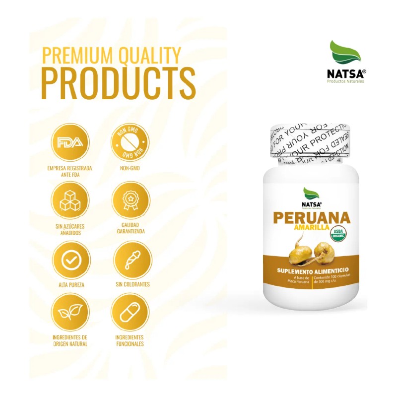 Maca Amarilla 100 Cápsulas, Calidad Premium Sabor Natural