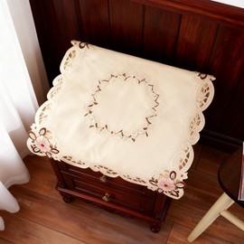 WELLYUK 33 Inch X 33 Inch Vintage Embroidered Pink Flower Beige Classic Lace Square Tablecloth, Elegant Dining Room Home Decoration Table Cloth Cover