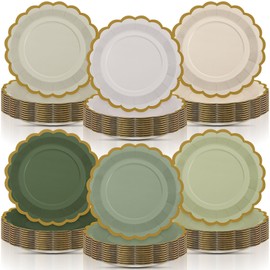 Tiangrid 96 Pcs Sage Green Paper Plates 9 Inch Gradient Scalloped Paper Plates Disposable Dinner Dessert Plates for Birthday Wedding Bridal Party Supplies, 6 Colors