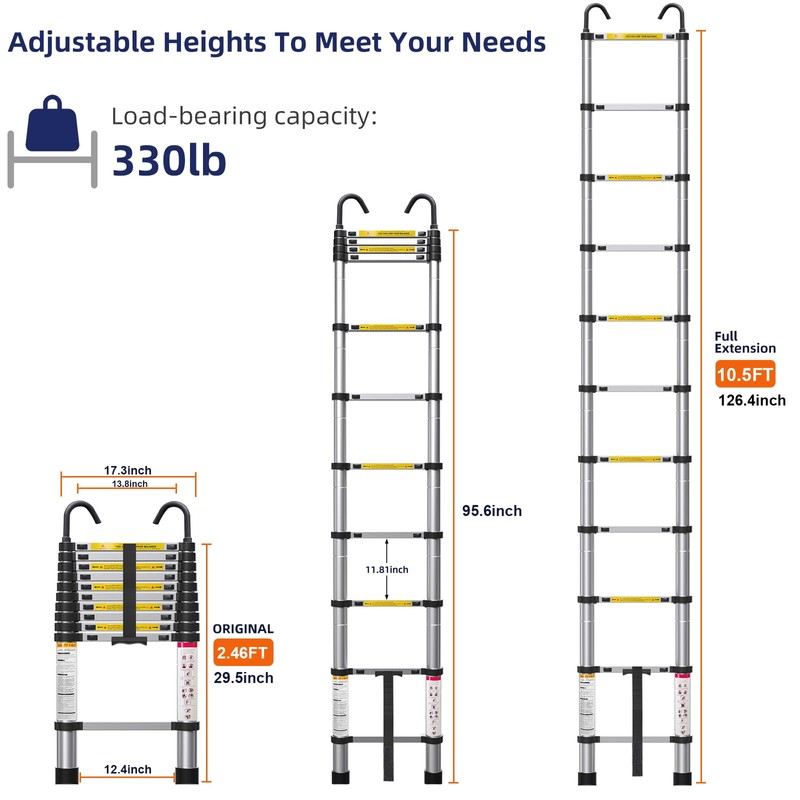 ZenAscend 10.5ft Telescoping Ladder, Multi-Purpose Collapsible Ladder with Hook, Aluminum