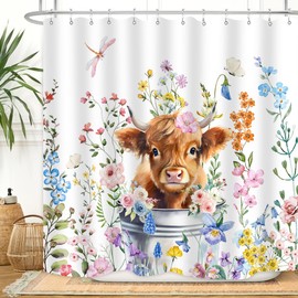 ZXMBF Cute Highland Cow Shower Curtain Watercolor Floral Spring Wildflower Funny Western Cattle Farm Animal Home Bathroom Decor Waterproof Fabric 72Lx72W Inch with 12PCS Hooks