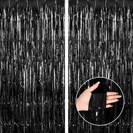Thicken Black Foil Fringe Curtains Decorations 3.2x8.2ft - 2 Pack, Photo Backdrop for Birthday Bachelorette Bridal Shower Baby Shower Graduation Party, Party Streams Decor