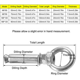 4 Pcs Expansion Bolt, Stainless Steel Expansion Anchor Eyebolt Expansion Screw with Closed Hook Internal Expansion Bolt Fastener for Concrete Brick Wall M8 x 100mm