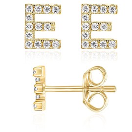 Initial Stud Earrings for Girls, 14K Gold Plated Sterling Silver Post Cubic Zirconia Stud Earrings, Hypoallergenic Earrings for Women Girl Gifts (E)